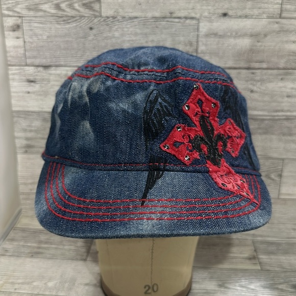 Blue denim cross embellished distress red stitch baseball cap hat - Picture 6 of 8